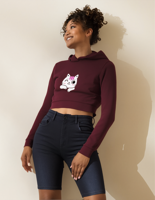 Fun Cat Printed Cropped Hoodie