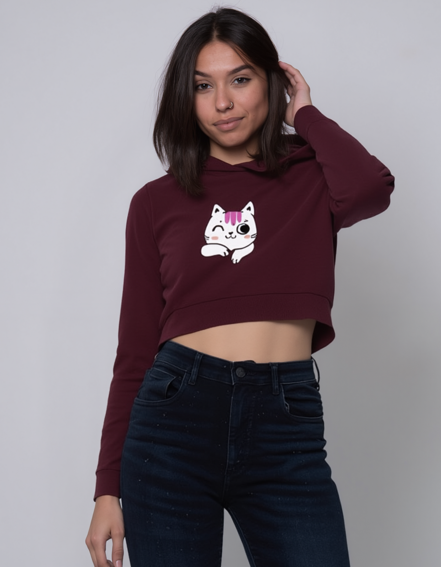 Fun Cat Printed Cropped Hoodie